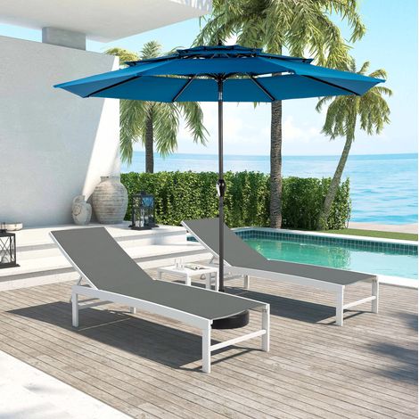 Parasol de jardin 300 cm bleu foncé en acier avec inclinaison, toile 3 niveaux et manivelle (1/5)