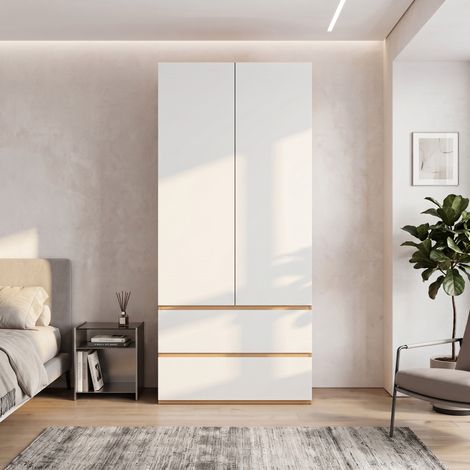 Armoire-penderie, avec tiroirs, 90 x 50 x 200 cm, panneaux de particules et MDF, blanc (1/5)