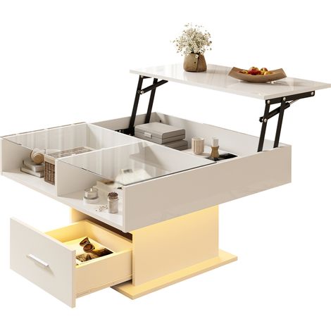 Table basse relevable LED blanche avec rangement, hauteur réglable et plateau extensible, idéale pour salon moderne et petit espace  CHICFURN (1/5)