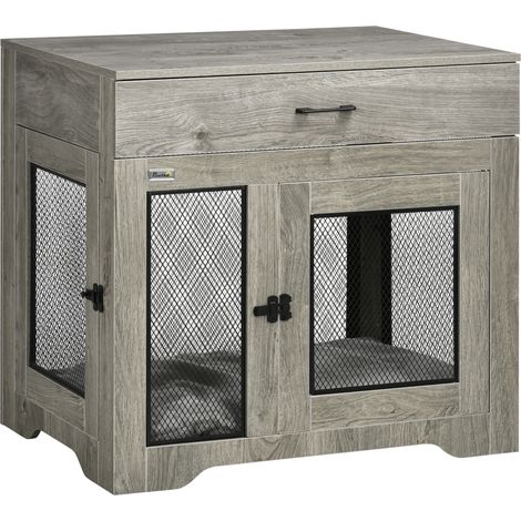 PawHut Dog Cage End Table with Two Doors, Drawer, for Medium Dogs - Grey