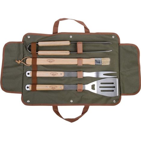 esschert-design Maletín de tela 4 utensilios barbacoa acero madera