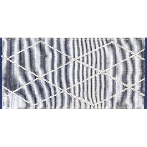 Alfombra de algodón blanco azul marino 80 x 150 cm hecho a mano moderno Synopa