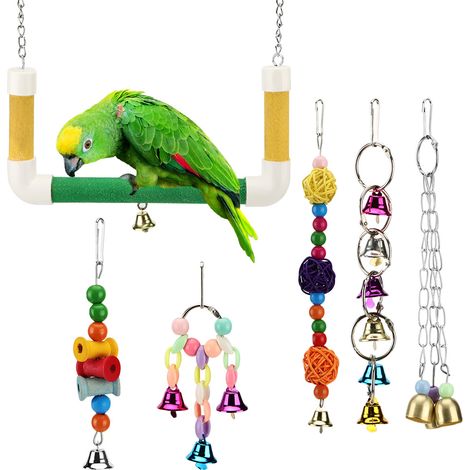 6 accessoires pour perroquets, clochettes suspendues, balles en rotin, perles en bois, tige support et chaîne acrylique, jouets stimulants pour oiseaux (1/5)