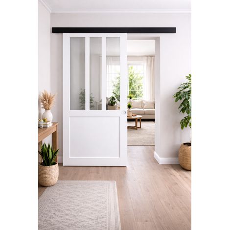 Porte Coulissante Atelier Blanc H204 X L93 Cm, Rail Alu Bandeau Noir, Coquilles Blanc Gd Menuiseries