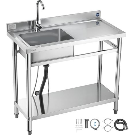 VEVOR Evier cuisine utilitaire en acier inoxydable, evier professionnel autoportant a cuve unique gauche, avec robinet, tuyau deeau chaude et froide pour garage, restaurant, buanderie, 100x50x94 cm