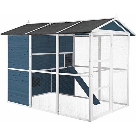 Pollaio in legno con recinto 10 galline L. 266 x P. 174 x A. 205 cm Blu e Bianco - FERAS
