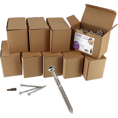 Fixtout – Lot de 1600 vis terrasse inox A2 – Tête fraisée réduite – Empreinte TORX 25 – Diamètre 5 mm – Longueur 50 mm – 8 embouts offerts