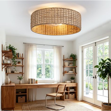 Lampadario ventilatore da soffitto 53x53x22 cm, controllo via app e telecomando, 6 velocità, rattan, rame (1/5)