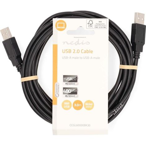 Nedis USB-Kabel / USB 2.0 / USB-A Stecker / USB-A Stecker / 18 W / 480 Mbps / Vernickelt / 3.00 m / Rund / PVC / Schwarz / Label