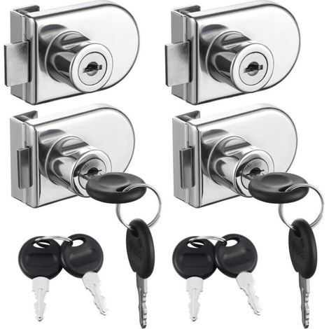 Kit de serrures pour vitrine en verre - Serrure de sécurité à double ouverture - Pour verre de 0,5 à 0,8 cm - 4 pièces - Argent (1/5)