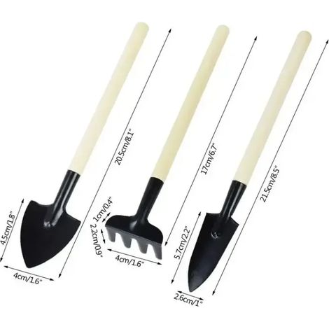 Ensemble de 3 mini-outils de jardin (manche fin, 3 pièces) pour plantes, pots de fleurs, cactus, légumes, bêchage, désherbage et petites plantes d'intérieur. (1/5)