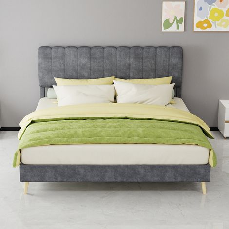 Cama tapizada de tela y metal gris 160x200 cm, diseño moderno y base de plataforma (1/5)
