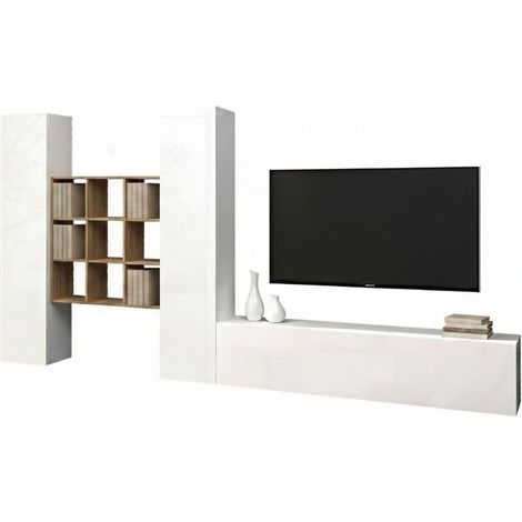 Dmora - Parete attrezzata Genoveffa, Set salotto porta TV a 3 ante, Mobile soggiorno multiuso, 100% Made in Italy, cm 270x30h180, Bianco lucido e Acero