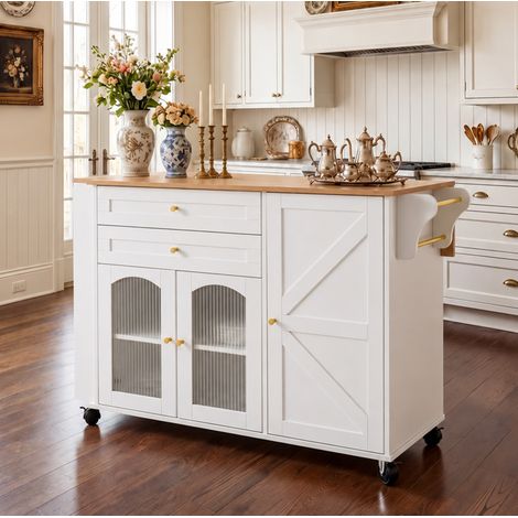 MODFU – Îlot cuisine mobile 110 cm panneaux particules – Plateau rabattable et 2 tiroirs – Roulettes et charge 60 kg – Cuisine – Blanc/bois (1/5)