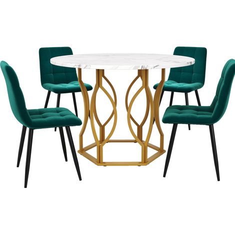 Set da pranzo 5 pezzi con tavolo rotondo 100 cm e 4 sedie in velluto verde scuro, gambe in metallo dorato, piano MDF bianco (1/5)