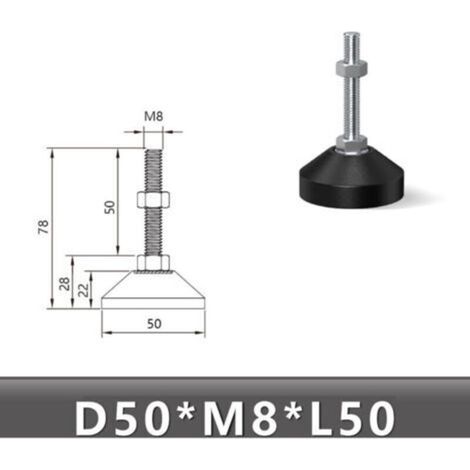 Pieds de nivellement en caoutchouc réglables M8, supports de meuble à hauteur ajustable, embases métalliques filetées pour étagères et meubles (D50M8L50) (1/3)