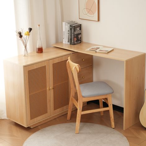 Bureau d'angle 126 cm bois naturel en MDF avec rotation 360° et rangements (1/5)