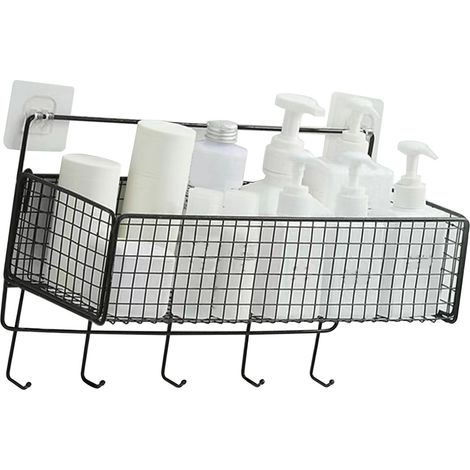 Corbeille de rangement murale en fer polyvalente avec crochet rayon organisateur pour cuisine et salle de bain noir (1/4)
