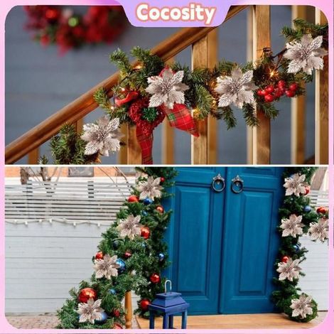 Cocosity fleurs de poinsettia à paillettes de Noël Fleurs Poinsettia à paillettes de noël, 10 pièces, décoration luminaire murale (1/5)