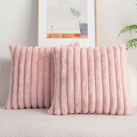 Lot de 2 housses de coussin décoratives double face en fausse fourrure douce et duveteuse à rayures, rose, 45 x 45 cm. (1/5)
