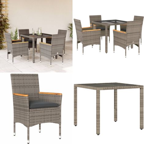 5-tlg. Garten-Essgruppe mit Kissen Grau Poly Rattan und Glas - Gartentisch - Gartenmöbel Set - Outdoor Möbel - Esstisch - Gartenlounge - Home & Living