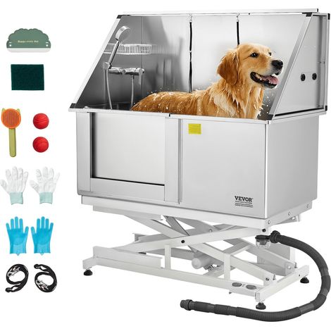 Baignoire de Chien Acier Inoxydable, Baignoire de Toilettage Électrique pour Animaux de Compagnie 127 cm Station de Lavage Chat, avec Panneau Filtre Eau, Robinet, Pommeau de Douche, Porte Gauche (1/5)