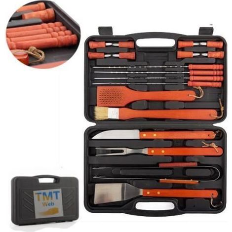 Set d'ustensiles de barbecue - Inox - 18 pièces - Manche en bois - Mallette de rangement - Noir
