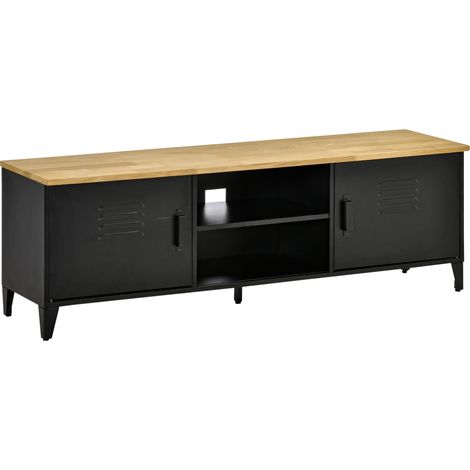Meuble TV Banc pour écrans 55 pouces, 2 portes, pieds ajustables, cadre métal noir, plateau bois naturel, 150 x 40 x 50 cm (1/5)