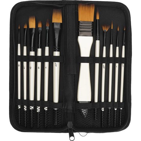 Ensemble de 12 pinceaux mixtes, poils en nylon, manche en bois, ensemble de pinceaux pour peinture acrylique, convenant aux artistes professionnels et aux amateurs d'art. (1/5)