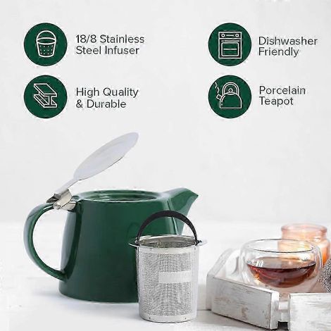 Théière en porcelaine pour thé en vrac avec infuseur, passoire et couvercle Théière pour 2 personnes Vert foncé Coffrets cadeaux thé et café - 500 ml (1/4)
