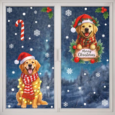 Décorations de fenêtre de chambre mignonnes pour Noël, motif dessin animé, flocons de neige et chien mignon - [Deux combinaisons] 619+624