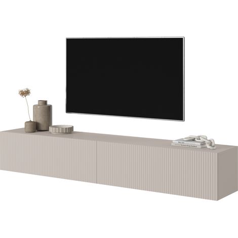 Selsey – Meuble TV 175 cm gris-beige – Façade biseautée – Corps en panneau stratifié résistant – 2 armoires spacieuses pour rangement