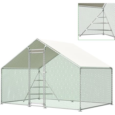 CHICFURN Gallinero de metal 303x200x200 cm blanco, gran recinto con techo y puerta con cerradura (1/5)