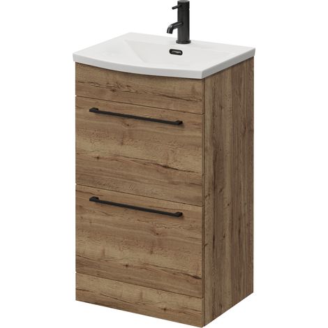 Napoli 390 Tobacco Oak 500mm 2 Drawer Vanity Unit with Arc Basin - 500mm - Matt Black 320mm Handle