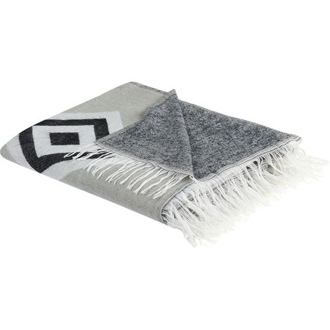 Manta de acrílico gris negro blanco 130 x 170 cm colcha geométrico flecos Kattike