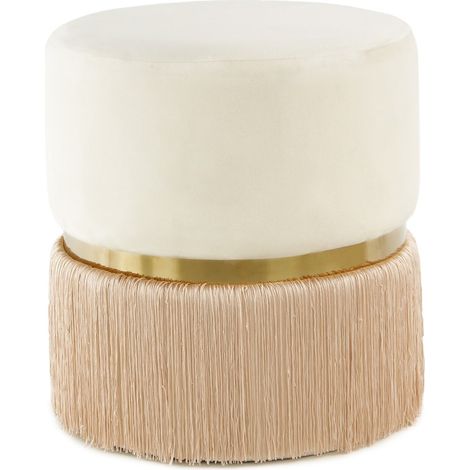 Pouf Rebecca in velluto avorio con frange e dettaglio oro (1/3)