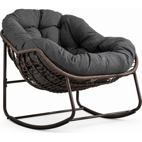 Fauteuil à bascule en rotin avec coussin épais gris foncé