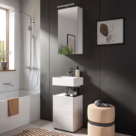 Meuble sous lavabo + armoire de toilette blanc brillant- VARKA