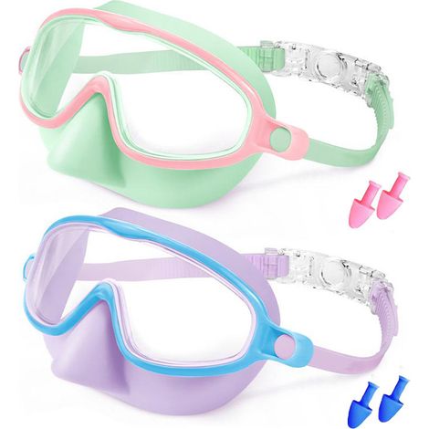 Lot de 2 Lunettes de Plongée Enfant avec Fermeture Nez - Vert-Rose & Violet-Bleu, Lunettes de Natation Étanches avec Bouchons d'Oreilles en Silicone pour Natation et Snorkeling (1/5)