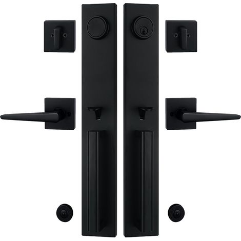 Poignée de porte double pour porte d'entrée à clé et poignée factice Noir mat (1/5)