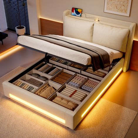 Bett mit Stauraum Leinen Beige 140x200 cm, hydraulisch, mit USB-C, LED und Kopfteilablage