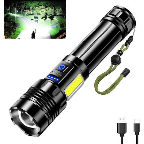 Wiederaufladbare LED-Taschenlampe, 600.000 Lux, 9 Leuchtmodi, superhelle Taschenlampe mit COB-Seitenlicht, Reverse-Ladefunktion, Zoomfunktion, wasserdicht (IPX7), leistungsstarke Taschenlampe (1/5)