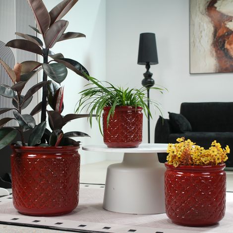 Set de 3 jardinières en terre cuite vernissée, rouge grenat brillant, losanges texturés, Ø 38/30,5/23 cm, poreuses, anti-gel, avec évacuation d'eau, idéales terrasse et extérieur. (1/5)
