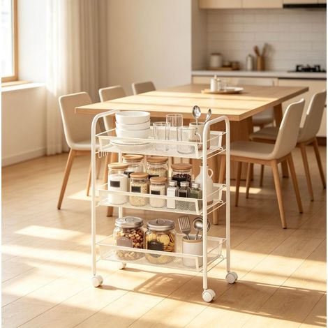 Chariot 45x26,5x63 cm en acier blanc, avec rangement gain de place pour cuisine FLORAGRACE (1/5)