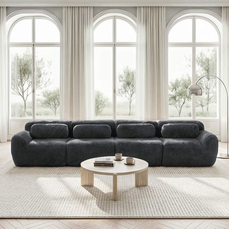 Canapé modulable 4 places en tissu peluche gris, mousse 32D, base antidérapante, coussins, sans montage, 378 x 104 x 73 cm (1/5)