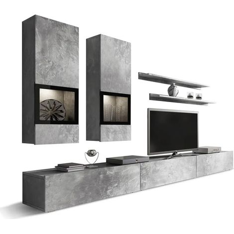 Wohnzimmerwand-Set RAMOS – Betonoptik Grau – Integrierte Multicolor-LEDs – TV-Möbel + Vitrinen + Regale