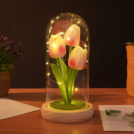Lampe De Nuit Tulipe - Base En Bois Et Abat-Jour En Verre - Idéale Pour Chambre À Coucher Salon Chambre D'Enfant - 1 Pièce (1/5)