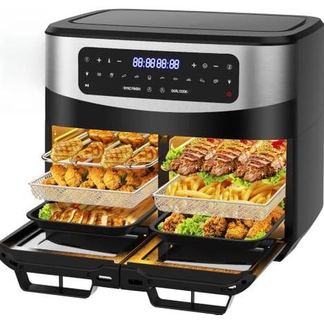 Air Fryer Dual Zone 12L - 2600W Friteuse à air chaud XXL avec séparateur amovible, double compartiment, 10 programmes, 2 fenêtres, 50–200°C, accessoires complets, recettes (1/5)