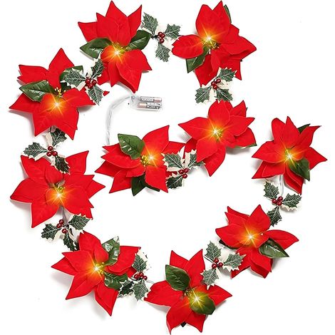 Guirnalda de luces navideñas con forma de flor de Pascua, de 2 metros de largo, con flores y bayas rojas, funciona con pilas. (1/5)