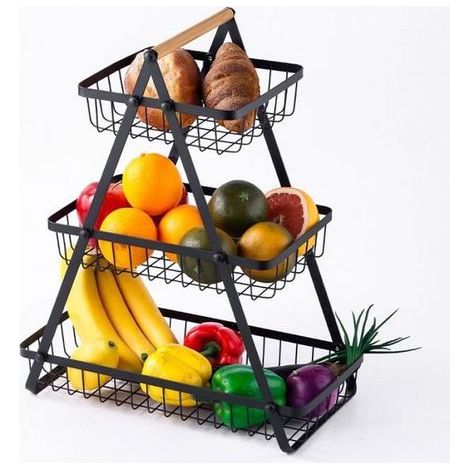 Corbeille a fruit Porte-fruits en Métal 3 Niveaux Panier de Fruits et Legumes Détachable Rangement Cuisine Maison Bureau-Noir (1/4)